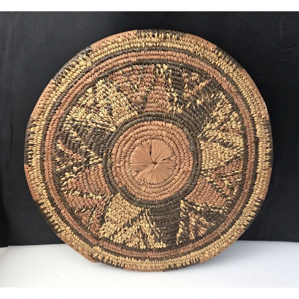 African Hand Woven Coiled Flat Basket Tray Geometric Vintage 12.5